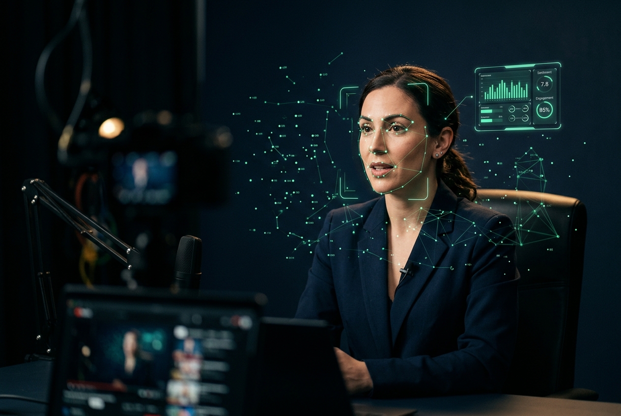 A candidate in an interview with live AI analysis overlaid